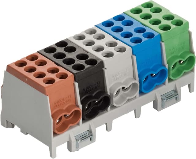 Pollmann Hauptleitungs Abzweigklemme 5 polig für Hutschiene - Strom Verteiler mit VDE, Braun / Grün / Schwarz / Blau / Grau, Kunststoff Einzelpack Single