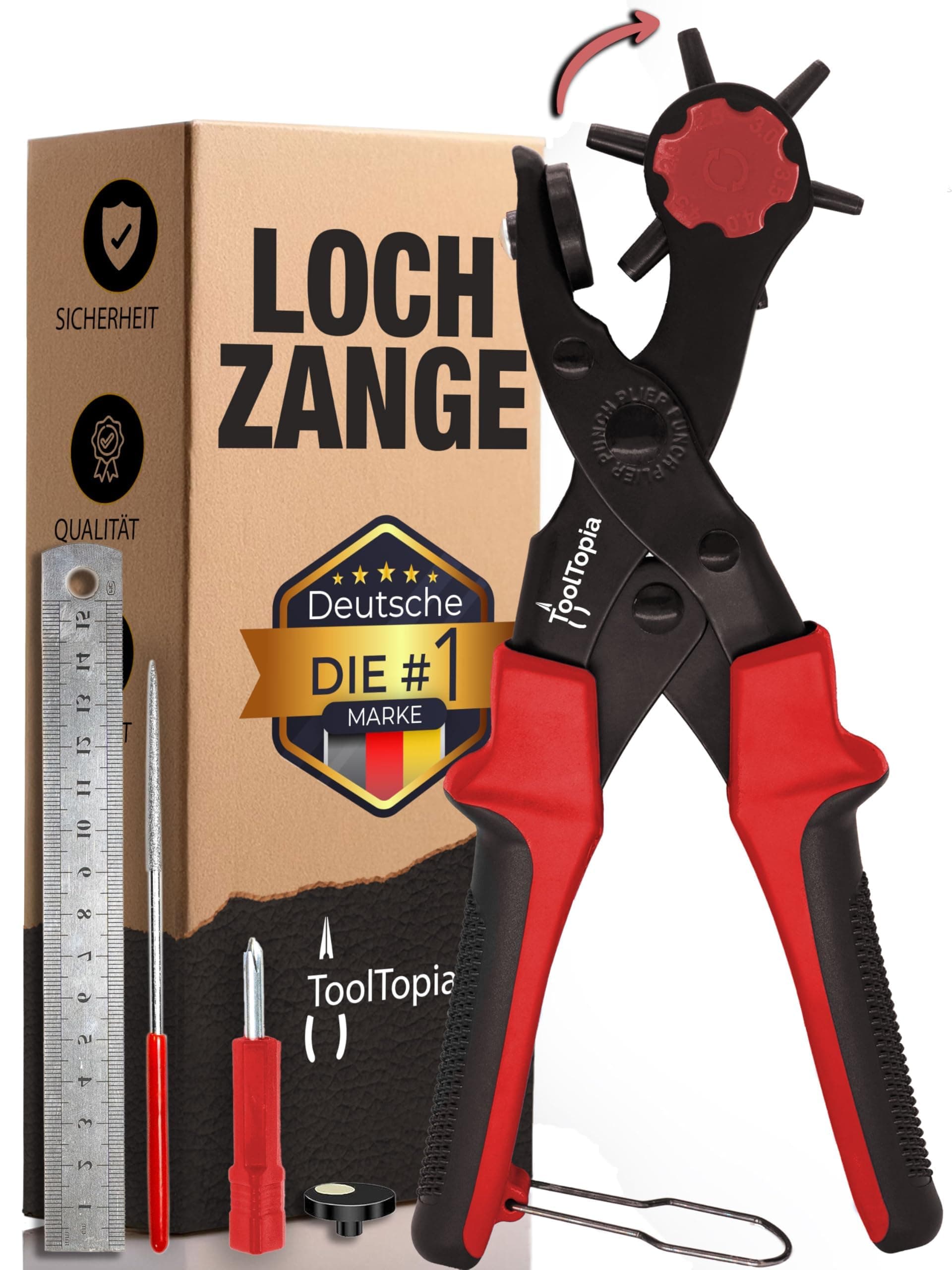 Lochzange für Leder [KOMPLETTSET], Locheisen | Lochstanzer als Leder Werkzeug, Papier, Gürtel Locher, oder Lochstanze für Stoff, Biothane, Kunstleder etc. Hole Puncher mit Komforthebel Rot