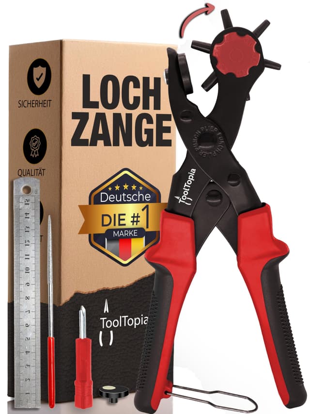 Lochzange für Leder [KOMPLETTSET], Locheisen | Lochstanzer als Leder Werkzeug, Papier, Gürtel Locher, oder Lochstanze für Stoff, Biothane, Kunstleder etc. Hole Puncher mit Komforthebel Rot