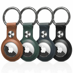 PESTON AirTag Schlüsselanhänger mit PU-Leder Hülle, Anhänger für Apple AirTag mit Rundumschutz vor Kratzern & Stößen, Original-Knopf (4er Set) PU Leder