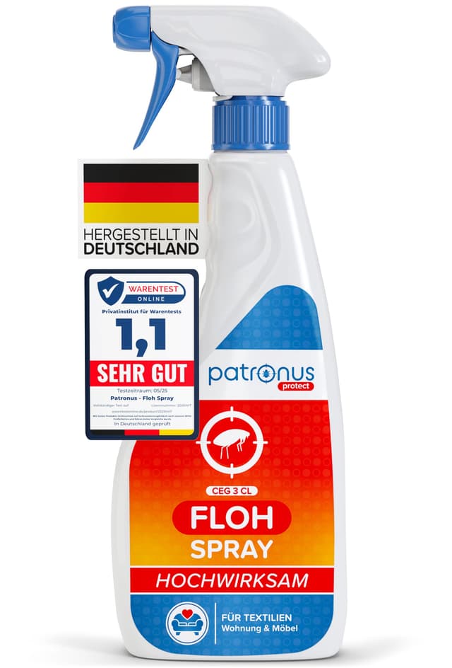 Patronus Floh-Spray für Wohnung & Umgebung 500 ml - effektives Abwehr-Mittel gegen Flöhe mit Sofortschutz - hochwirksam & laborgeprüft - mit dezentem Eukalyptus-Zitrusduft Zitrone 500 ml