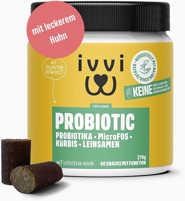 ivvi PROBIOTIC Hunde Probiotika als Leckerli - Hund Darmflora aufbauen, verbesserte Verdauung & Immunsystem - 60 leckere Snacks (270g) mit Huhn Hühnchen