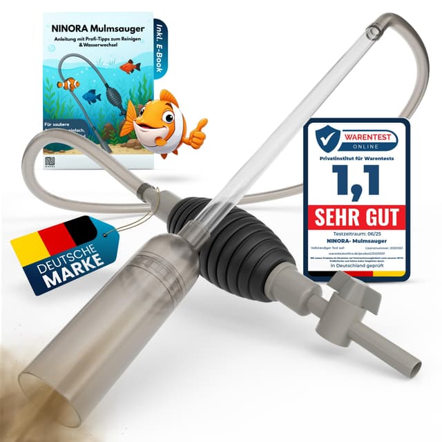NINORA® Mulmsauger Aquarium – Kiesreiniger, Bodenreiniger & Wasserwechsel mit Pumpe und Schlauchventil I Sicher für Fische, ohne Chemie I Für kleine & große Aquarien I Aquarium Zubehör inkl. E-Book
