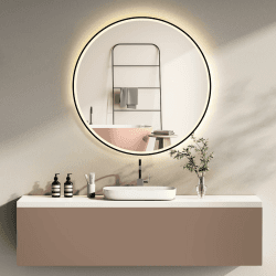 HOKO Design Badspiegel rund 60 cm Helsinki mit Energiesparend LED Beleuchtung und Metall Rahmen Schwarz. Touch Schalter, Lichtfarbe Wechsel-Warmweiß-Kaltweiß-Neutral 60L x 60B cm Schwarz Angebot bei HelloDeals