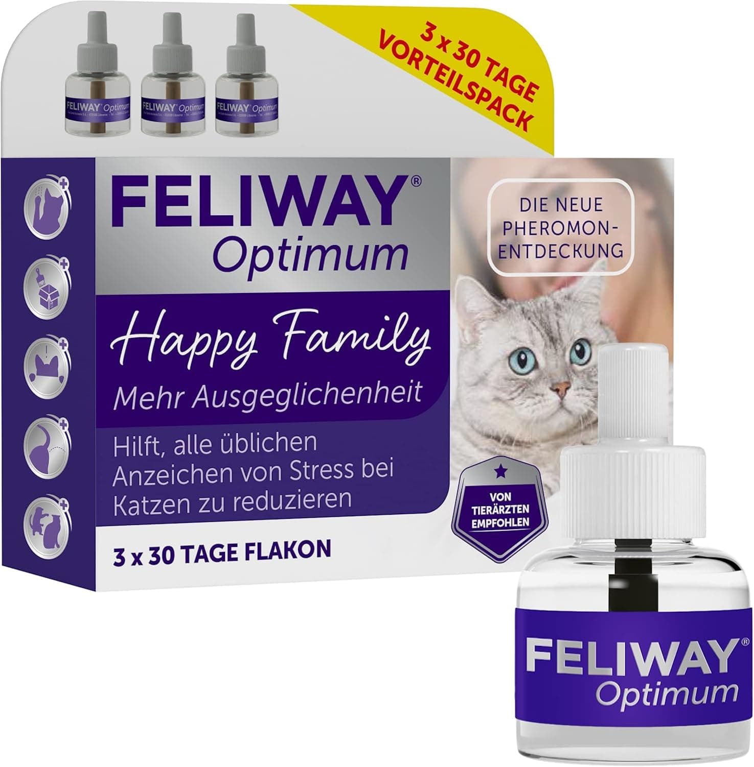 FELIWAY Optimum 3x30 Tage Vorteilspack für Pheromon Verdampfer, 3x48ml - Hilft Anzeichen von Stress bei Katzen und Kitten zu reduzieren, von Tierärzten empfohlen, klinisch getestet, für mehr Harmonie 3 x 48 ml (3er Pack)