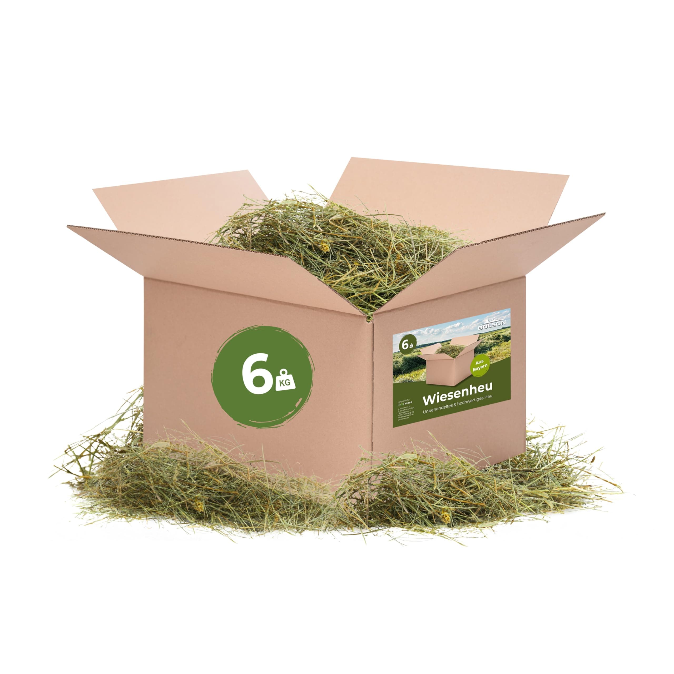 Bolson frisches & unbehandeltes Wiesenheu (6 kg) - 1.Schnitt Heu mit Gräsern & Blüten aus Bayern - direkt ab Hof verpackt - hochwertiges Heu zur Fütterung & Einstreu von Kaninchen, Hamster 6 kg (1er Pack)