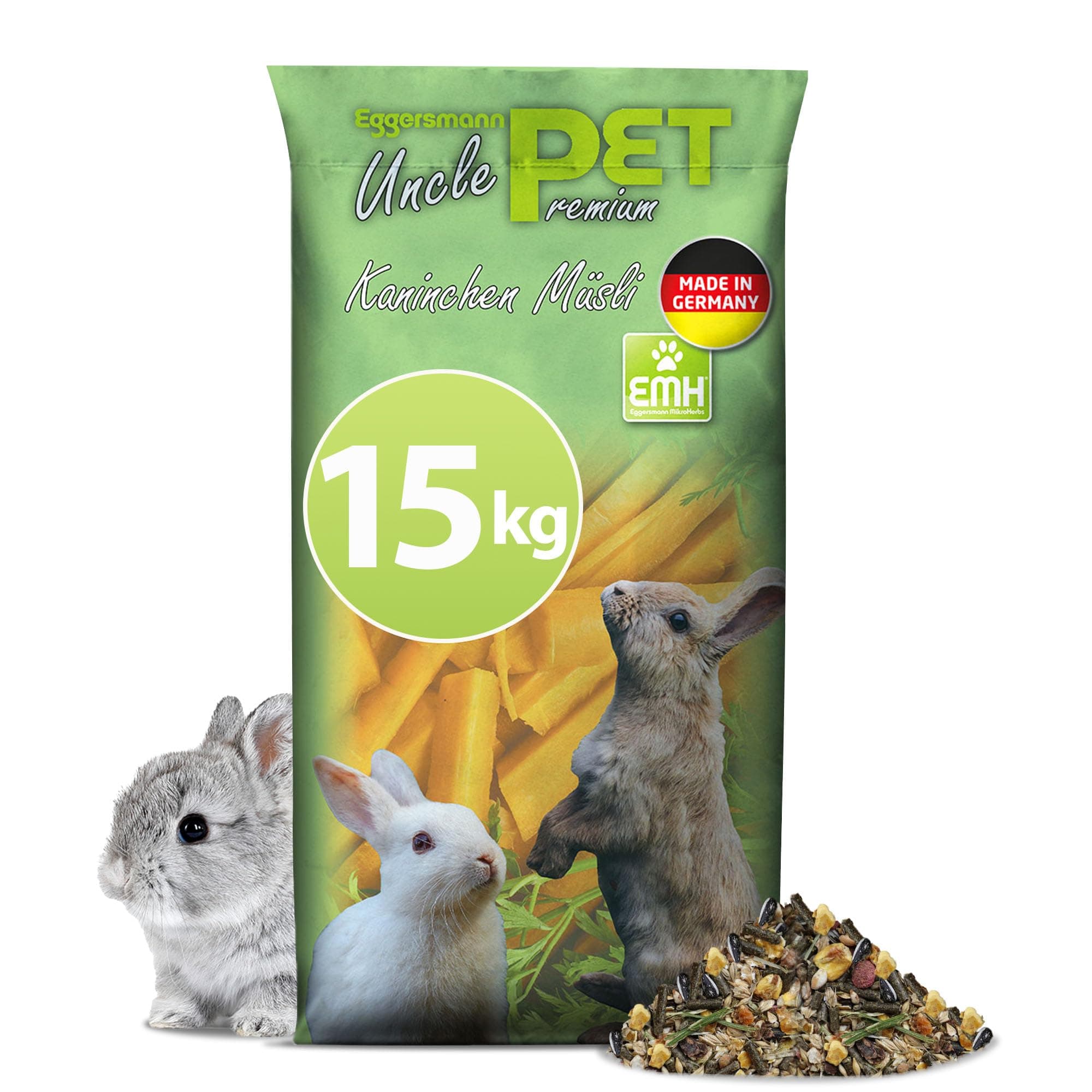 Eggersmann Uncle Pet 15 kg Kaninchenfutter - Premium Kaninchen Müsli - Kaninchen Futter mit der natürlichen Kraft aus Kräutern und Karotten - Kaninchenzubehör (15 kg Sack) 15 kg (1er Pack)