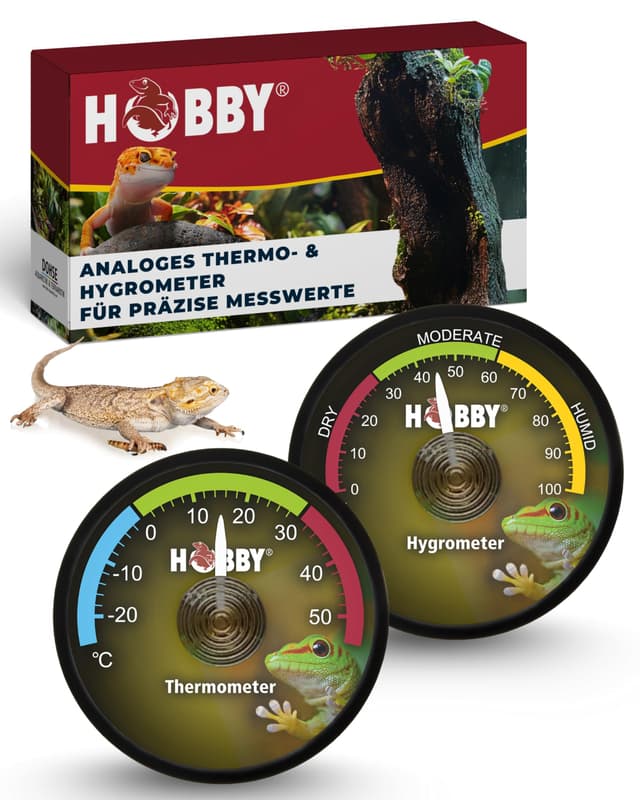 HOBBY Terraristik analoges Hygrometer & Thermometer I zur exakten Kontrolle der Luftfeuchtigkeit und Temperatur in Terrarien I für ideales Terrarienklima I für alle Terrarienarten I selbstklebend