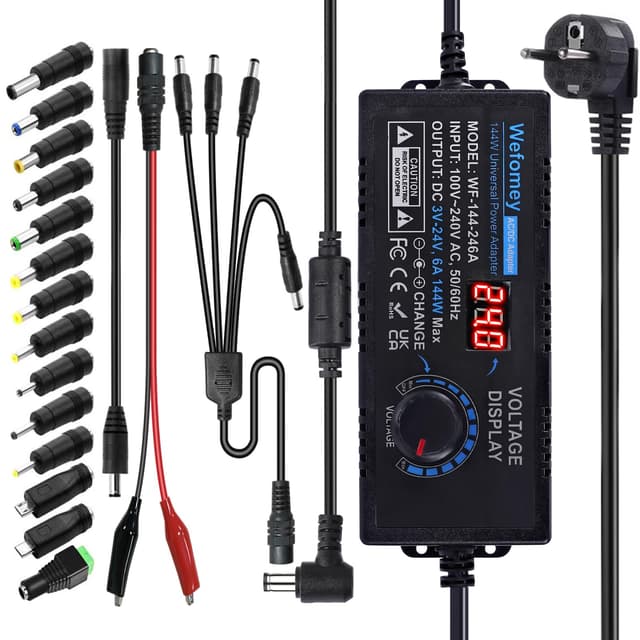3V-24V 6A 144W Einstellbares Netzteil Universal Netzteiladapter Verstellbarer Netzadapter 100V-240V AC to DC mit LED Spannungsanzeige und 14 Tipps für Haushaltselektronik, 6000mA Max 3V-24V 6A mit 1 Buchse auf 4 Stecker Splitterkabel