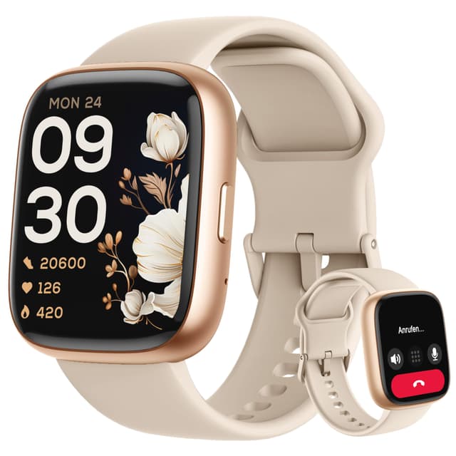 LODIMEKE Alexa Smartwatch Damen Herren, 1,83" Fitnessuhr mit Telefonfunktion, IP68 Wasserdicht, 100+ Sportmodi, Herzfrequenz Stress SpO2 Schlaf, Fitness Tracker für Android & iOS Beige