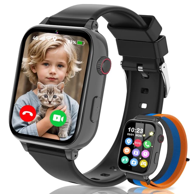 4G Smartwatch Kinder, Kinder Telefonuhr mit GPS, WIFI, SOS, Telefon/Videoanruf/Voice Chat, Schulmodus, Wecker, Schrittzähler, Spiele, kinderuhr Smart Uhr für Jungen Mädchen 4-12 Geschenk, Schwarz