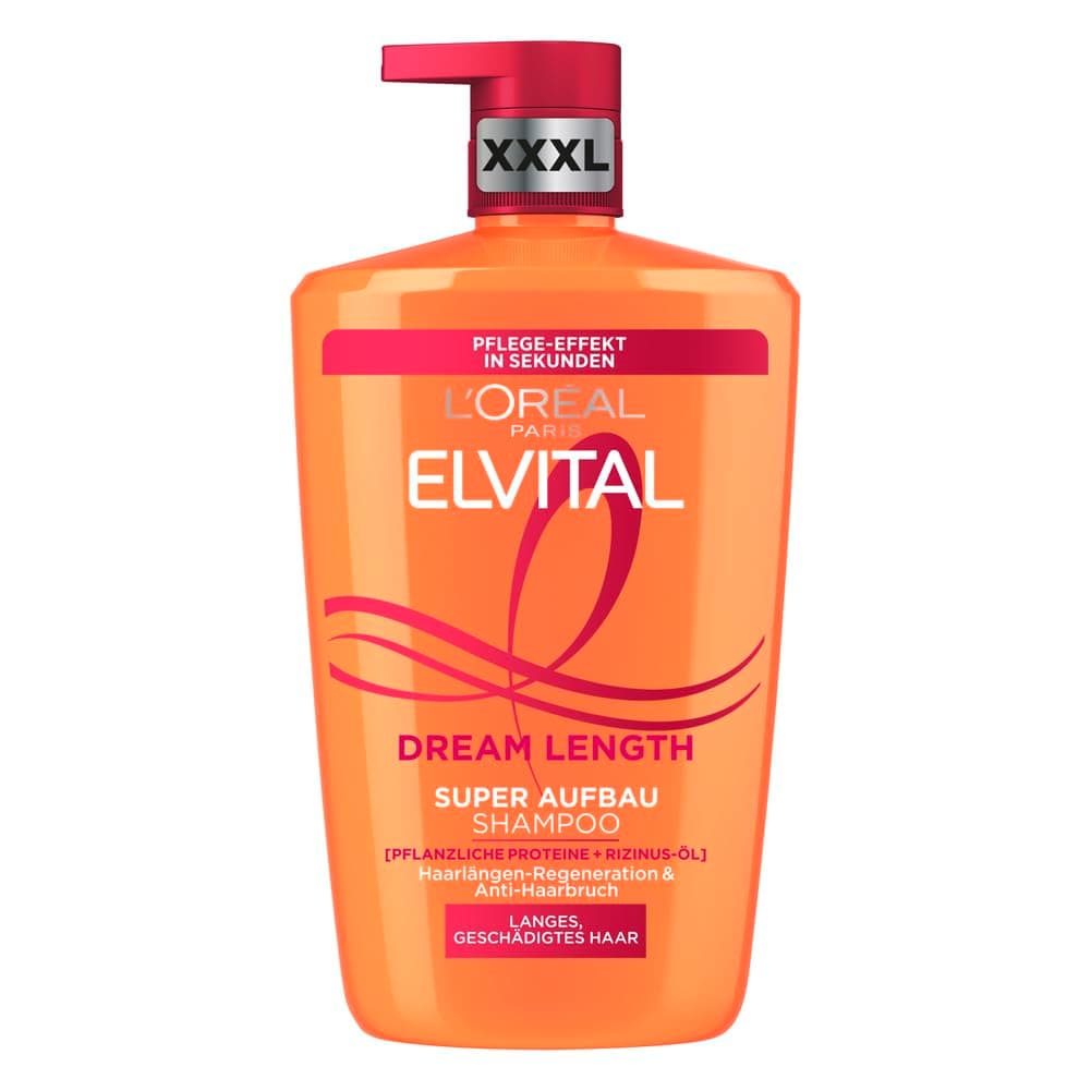 L'Oréal Paris Elvital XXXL Shampoo gegen Spliss, Für traumhaft langes Haar, Mit Rizinus-Öl, Vitaminen und pflanzlichen Proteinen, Dream Length Super Aufbau Haarshampoo, 1 x 1000 ml 1000 ml (1er Pack)