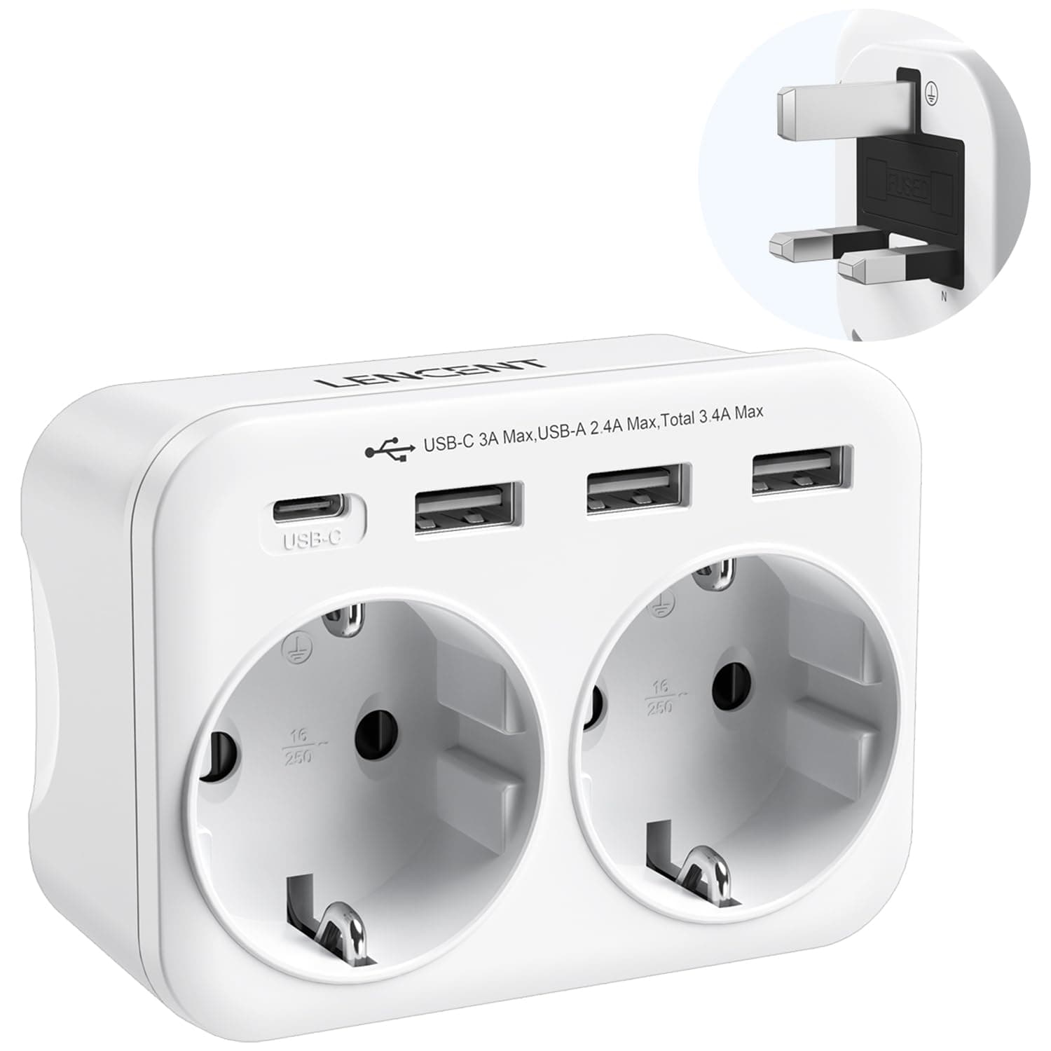 LENCENT Reiseadapter UK Deutschland Stecker, Typ G Netzadapter, Reisestecker mit 1 USB-C&3 USB-A Ports, Doppelte EU Schuko auf UK für England, Großbritannien, Schottland, Irland, Malediven Steckdosen EU auf UK Angebot bei HelloDeals