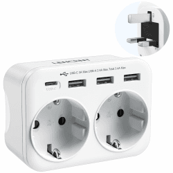 LENCENT Reiseadapter UK Deutschland Stecker, Typ G Netzadapter, Reisestecker mit 1 USB-C&3 USB-A Ports, Doppelte EU Schuko auf UK für England, Großbritannien, Schottland, Irland, Malediven Steckdosen EU auf UK Angebot bei HelloDeals