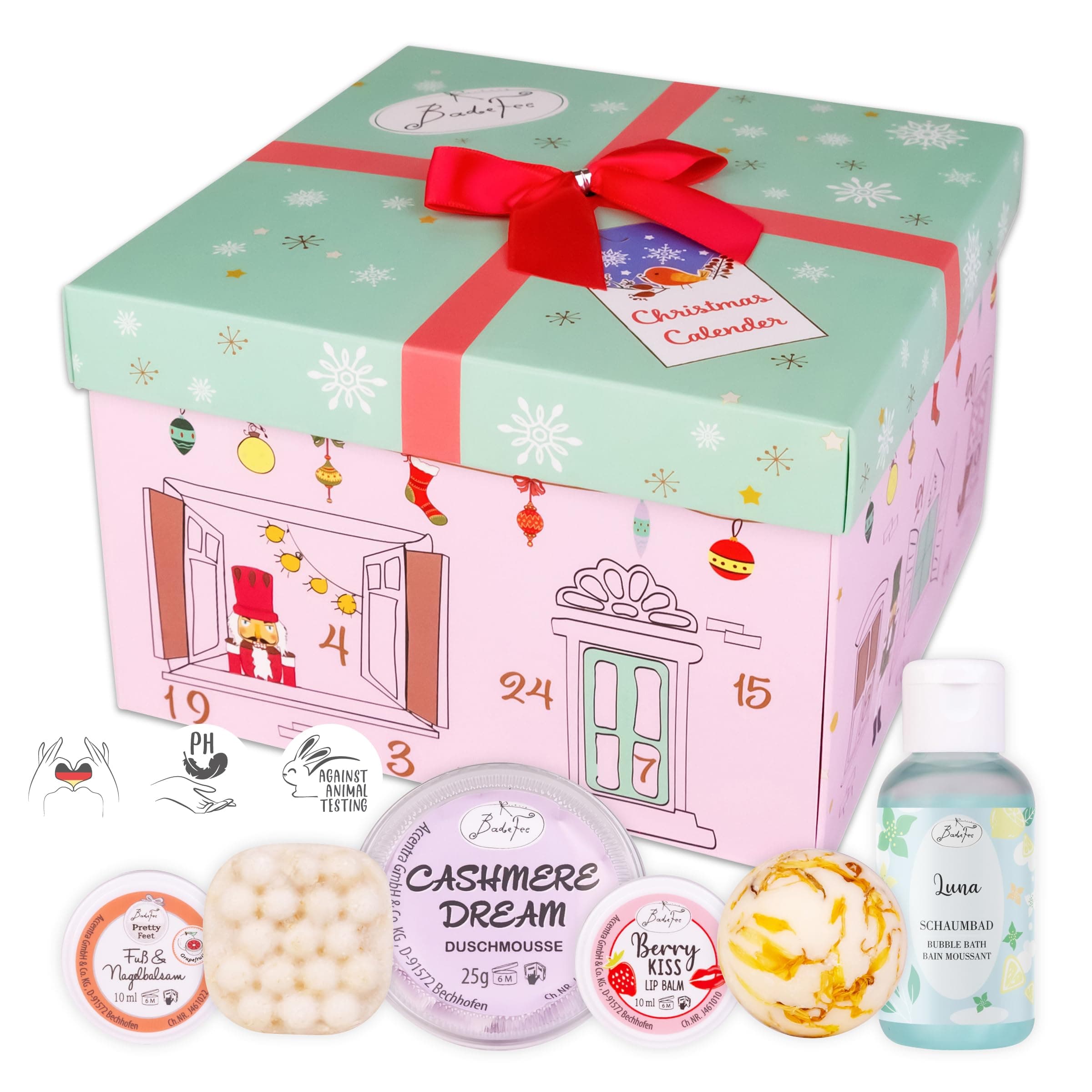 BadeFee Beauty Adventskalender für Frauen "Nussknacker" 2025, 24 ausgewählte Kosmetikprodukte: Duschmousse, Deocreme, Handcreme uvm. – ohne Silikone, Weihnachtskalender handgemacht in Deutschland