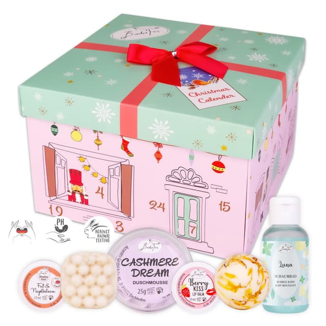 BadeFee Beauty Adventskalender für Frauen "Nussknacker" 2025, 24 ausgewählte Kosmetikprodukte: Duschmousse, Deocreme, Handcreme uvm. – ohne Silikone, Weihnachtskalender handgemacht in Deutschland