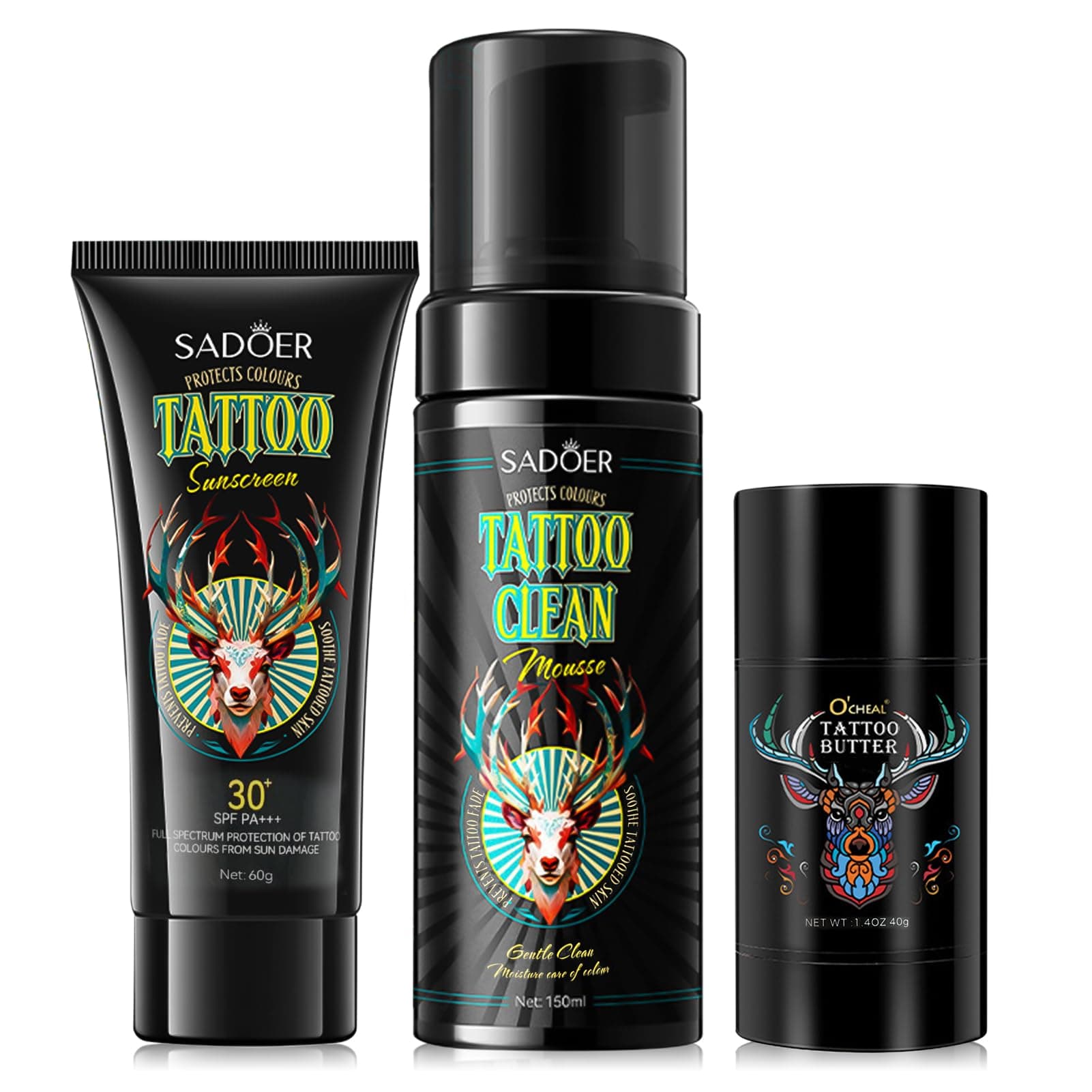 Tattoo Pflege Set, Tattoo Creme Tattoo Butter, mit Tattoo Sonnencreme und Tattoo Reinigungsschaum, After Tattoo Creme, für Verstärkt Tattoo Farben, Schützt Neue Tattoos, Fördert die Heilung Color5