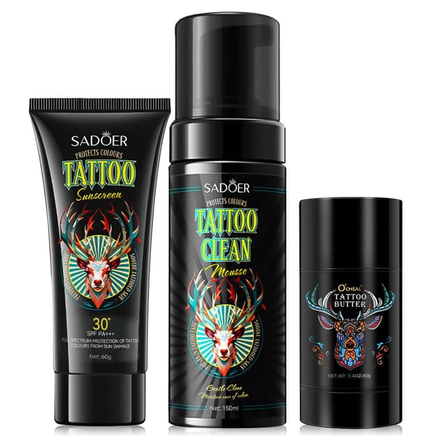 Tattoo Pflege Set, Tattoo Creme Tattoo Butter, mit Tattoo Sonnencreme und Tattoo Reinigungsschaum, After Tattoo Creme, für Verstärkt Tattoo Farben, Schützt Neue Tattoos, Fördert die Heilung Color5