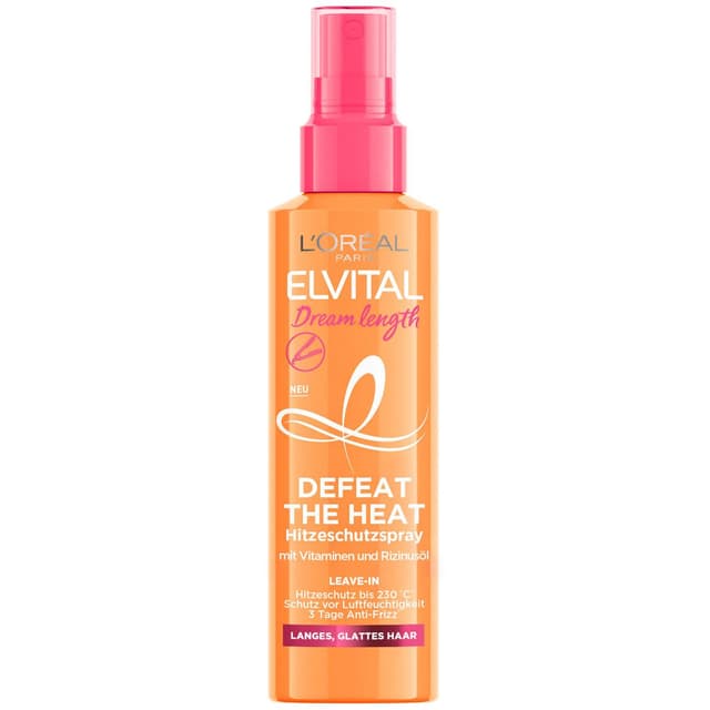 L'Oréal Paris Elvital Hitzeschutzspray für langes, glattes Haar, Leave-In Haarkur gegen Frizz, Ohne Ausspülen, Mit Vitaminen und Rizinusöl, Dream Length Defeat The Heat, 1 x 150 ml Elvital Dream Length Hitzeschutzspray 150 ml