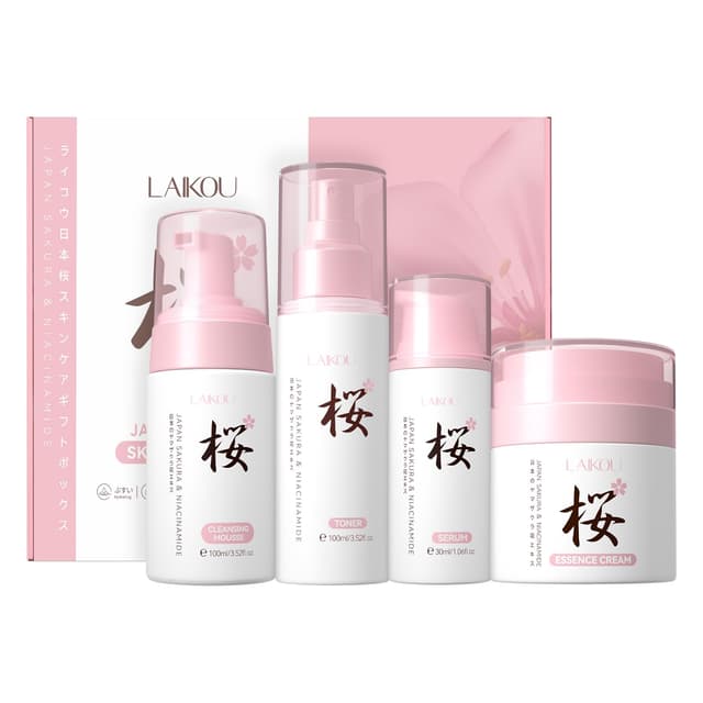 LAIKOU Sakura Gesichtspflege Set, Hautpflege Geschenkset Frauen, 4 Stück Feuchtigkeitsspendend Skincare Geschenkset – Reinigungsmittel Gesicht, Serum, Toner Hydrating, Gesichtscrem 4 stück 4