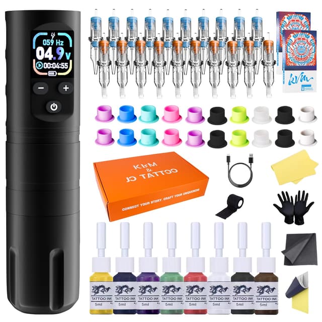 KVM Wireless OLED Tattoo Pen Set, Tattoo-Nadelkartusche Wireless Rotary Tattoo Gun Set 1600mAh Enthält 57 Tattoo-Zubehörteile Geeignet für Anfänger oder professionelle Tattoo-Künstler