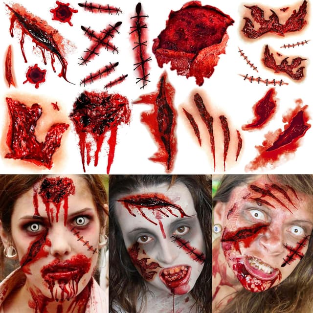 9 Blatt Halloween Fake Narben Tattoos Damen Herren Erwachsene, Fake Wunde Blut Verletzung Schnitt Kratzer Stiche Temporäre Tattoos Aufkleber, Vampir Gesicht Halloween Zombie Make Up Kit Zubehör FakeNarben