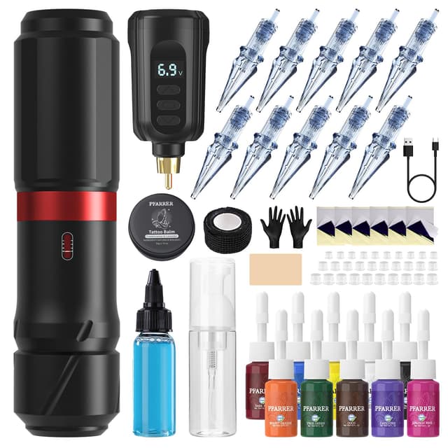 PFARRER Tattoo Maschine Set with 4 Modes 1500mAh Akku LCD Digital 10PCS Tattoo Cartridge 10 Tattoo Inks Kompletter Tattoo Zubehör PRP83KIT-1 Black