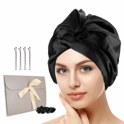 Seidenhaube zum Schlafen - Schlafhaube Seide für Haar über Nacht Gesund, Bewahrt Lockenform, Verhindert Frizz & Haarbruch, Silk Bonnet Seide für Frauen mit Allen Haartypen(Schwarz) Kaempe Angebot bei HelloDeals