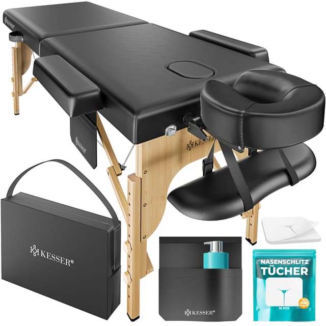 KESSER® Mobile Massageliege mit Holzfüßen klappbar & höhenverstellbar max 250kg 2 Zonen Massagebett Massagetisch Kosmetikliege Breite Therapieliege Kopfstütze & Armlehnen inkl Tragetasche & 10x Tücher Breite - 80cm Schwarz