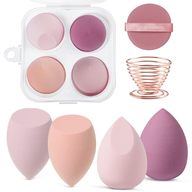 AUAUY 4 PCS Make up Schwamm Set, Foundation Blending Beauty Sponge, Beauty Makeup Schwämme Blender für Flüssigkeit Foundation Puder Sonnenschutz und Creme mit 1 Schwammhalter, 1 Puderquaste 4 PCS Rosa