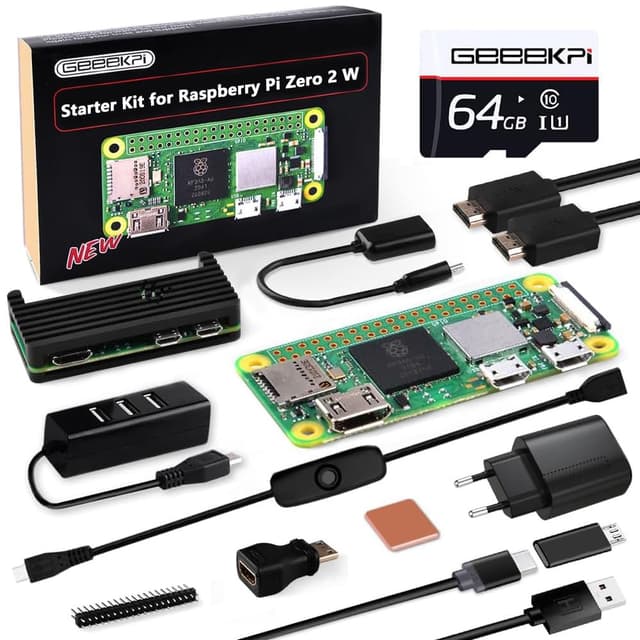 GeeekPi Starter Kit for Raspberry Pi Zero 2 W, with Zero 2 W Aluminum Case,64GB SD Card Preloaded OS,QC3.0 Power Supply,20 Pin Header,Micro USB to OTG Adapter,HDMI Cable,Heatsink,ON/Off Switch Cable