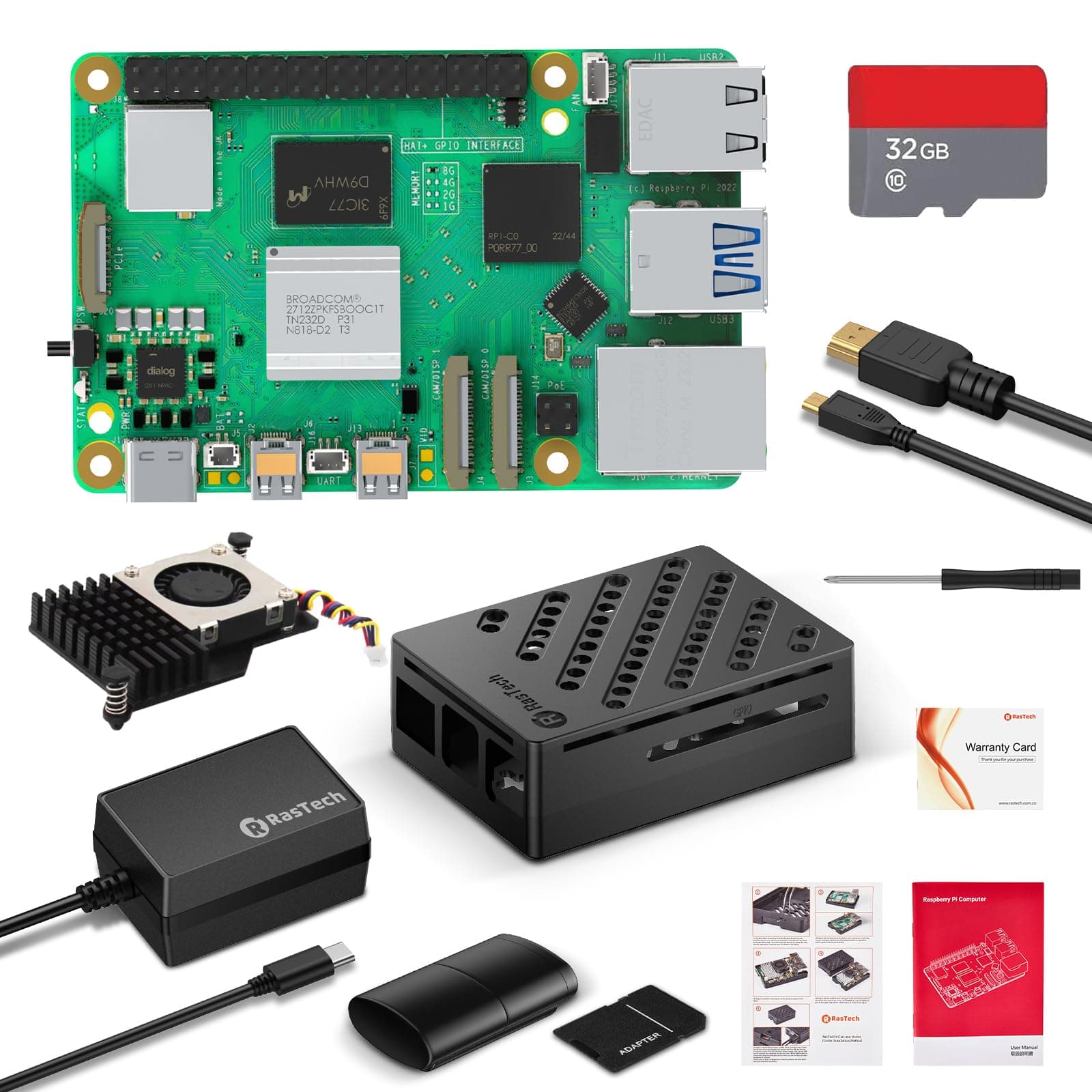 RasTech Raspberry Pi 5 8GB Starter Kit mit 32GB Card Pi 5 Gehäuse mit Active Cooler Kartenleser Kartenadapter Schraubendreher 1X HD Out Kabel und USB C Netzteil