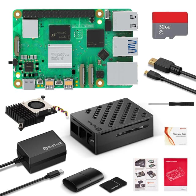 RasTech Raspberry Pi 5 8GB Starter Kit mit 32GB Card Pi 5 Gehäuse mit Active Cooler Kartenleser Kartenadapter Schraubendreher 1X HD Out Kabel und USB C Netzteil