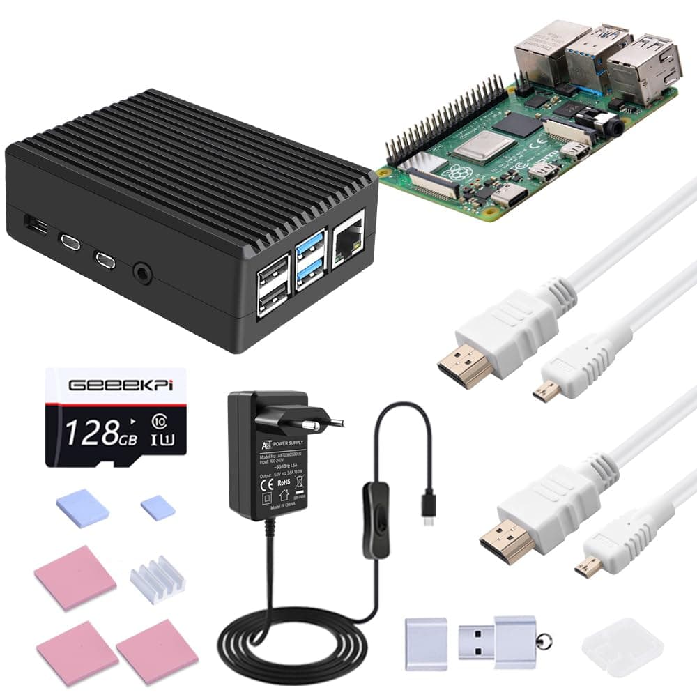 GeeekPi Starter Kit für Raspberry Pi 4 8GB, inklusive Pi 4 8GB RAM Board, 128GB SD Karte und Kartenleser, passiv kühlendes Aluminiumgehäuse, 5V 3.6A Netzteil mit EIN-/Ausschalter, 2pcs 4K HDMI Kabel