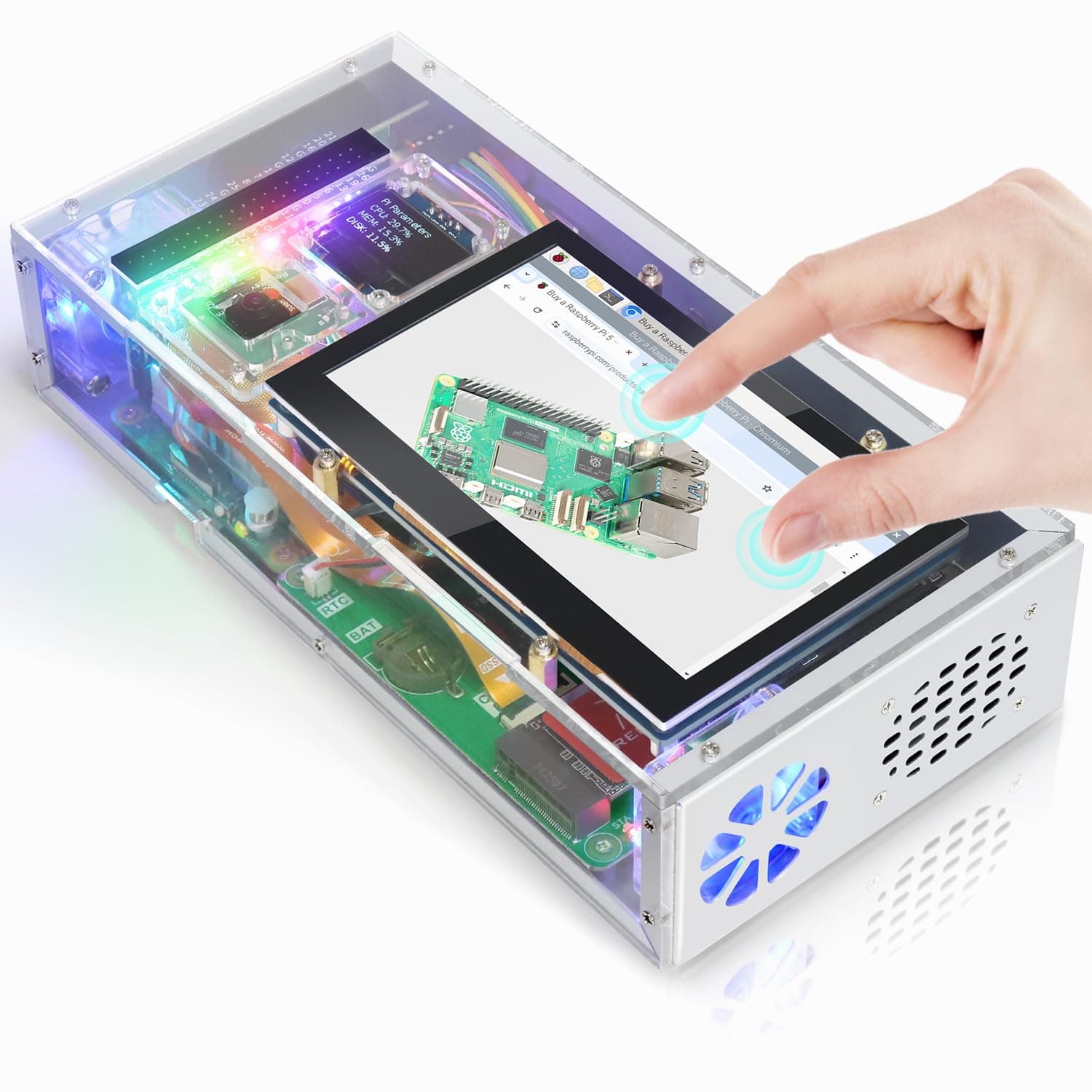 FREENOVE Computer Case Kit for Raspberry Pi 5 (NOT Included), 128GB M.2 NVMe SSD 800 MB/s, 4.3 Inch Touchscreen, 5 MP Camera, OLED Screen, Stereo Speakers, 3.5 mm and Optical Audio (S/PDIF) with Screen 128GB SSD