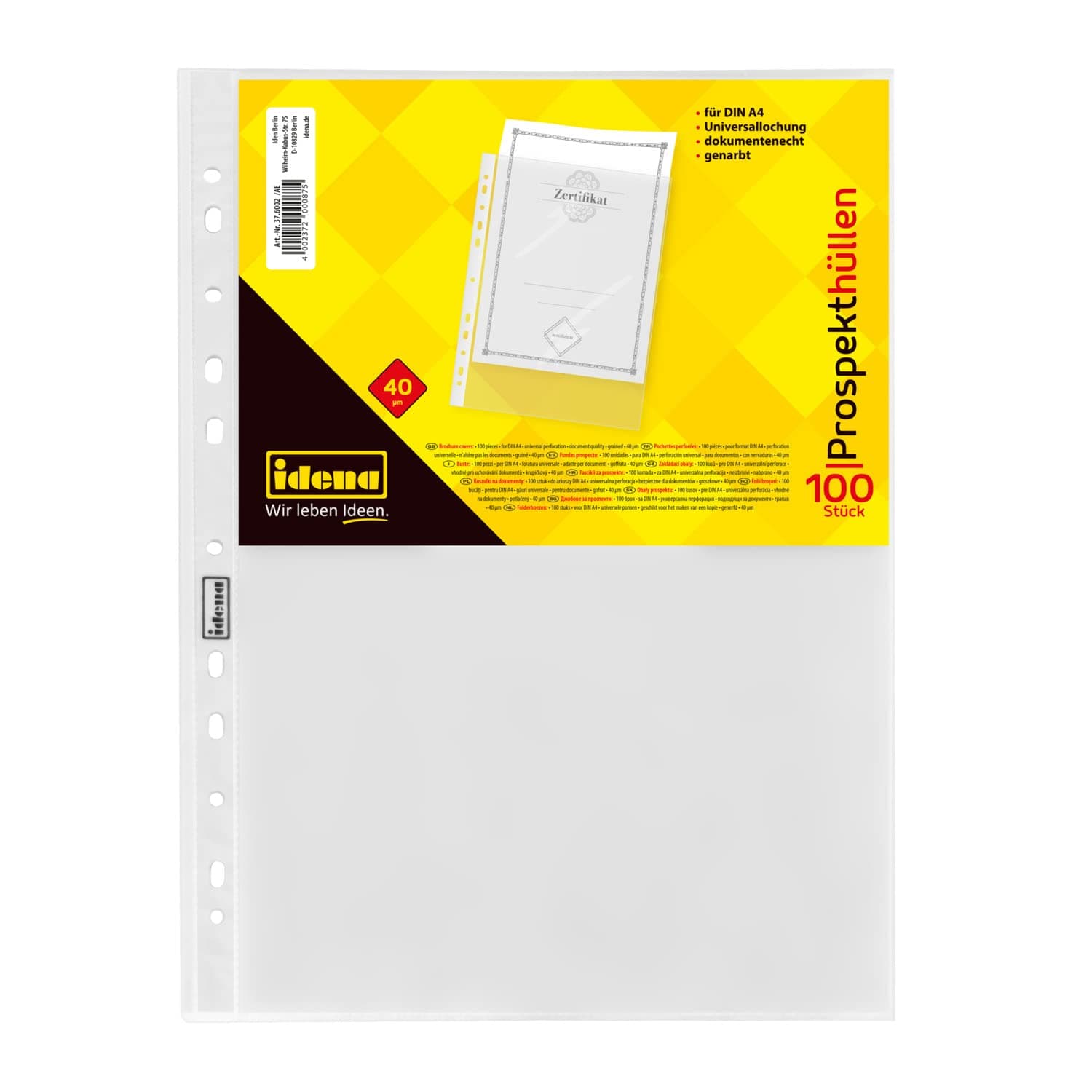 Idena 376002 - Prospekthülle DIN A4 Format, genarbt, 40µ, 100 Stück 100 Stück - 40 µ Angebot bei HelloDeals