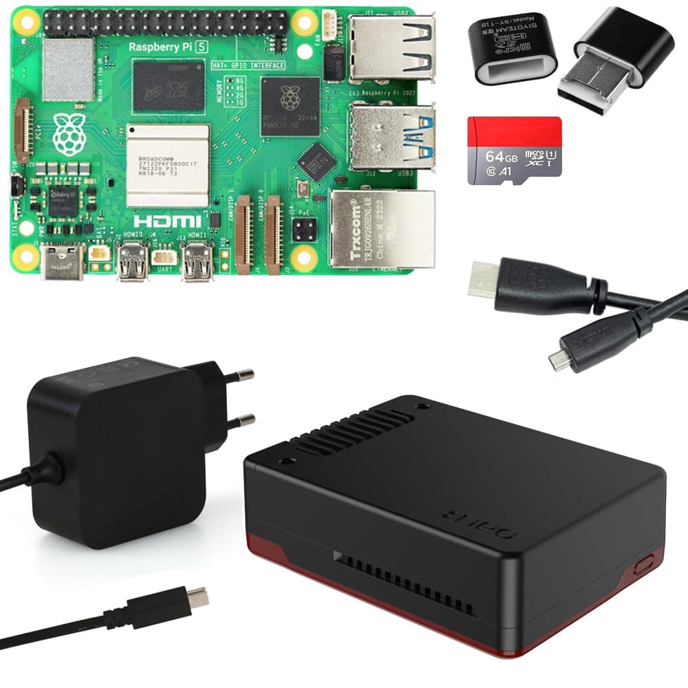 Raspberry Pi 5 8GB Kit | Argon NEO 5 BRED Gehäuse mit Lüfter | USB-C 45W Netzteil | 64GB SD Karte | 4K Micro HDMI Kabel | Raspberry Pi 5 8GB RAM Set