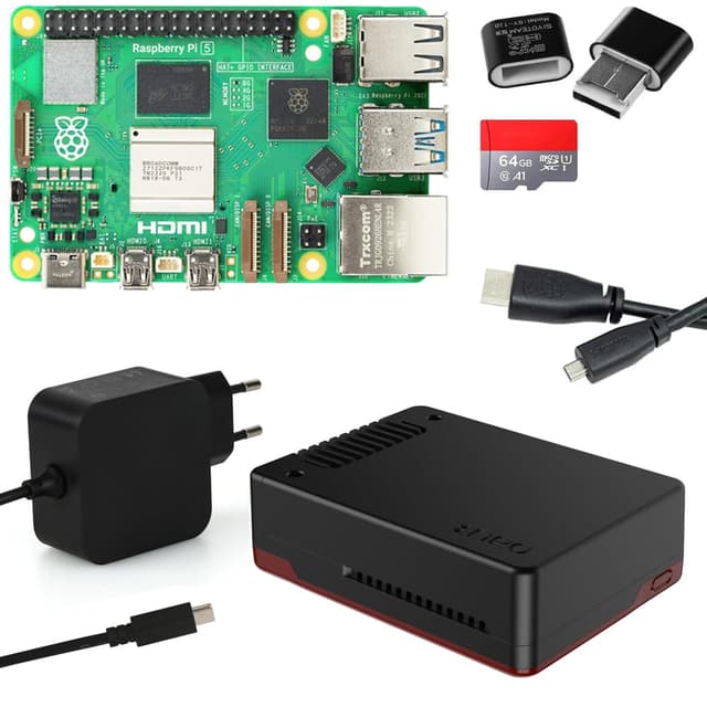 Raspberry Pi 5 8GB Kit | Argon NEO 5 BRED Gehäuse mit Lüfter | USB-C 45W Netzteil | 64GB SD Karte | 4K Micro HDMI Kabel | Raspberry Pi 5 8GB RAM Set
