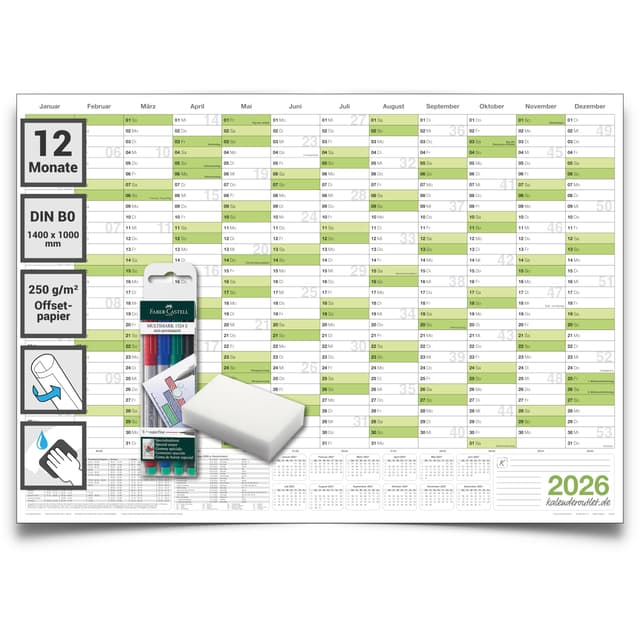 XXL Wandkalender 2026 abwischbar – DIN B0 (140 x 100 cm) Jahresplaner – inkl. 4 Marker & Schwamm – feucht korrigierbar – großer Kalender Deutsch – von Kalenderoutlet mit 4er Marker + Schwamm DIN B0