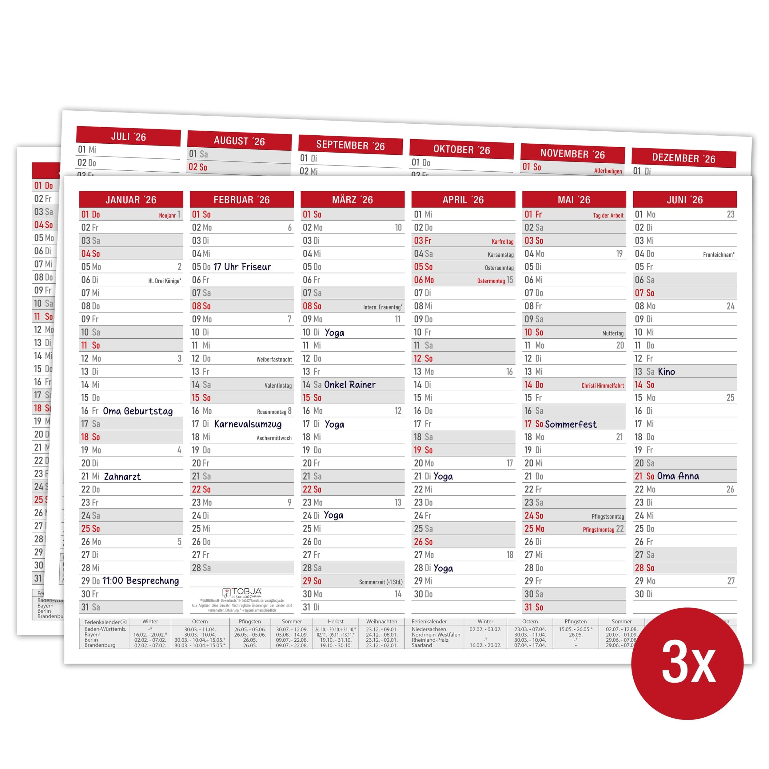 Tafelkalender 2026 A4 - Kalender 2026 "Rot" mit Ferien & Feiertagen | Wandkalender, Jahreskalender 2026 DIN A4 als Jahresplaner | Blattkalender 12 Monate auf Vorder- und Rückseite (3 Stück Papier) 3 Stck Papier