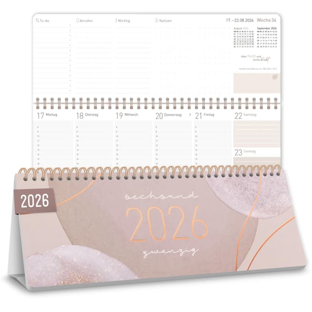 Häfft® Wochen-Tischkalender 2026 quer mit Aufsteller "Soft Beige" 1 Woche 2 Seiten, Schreibtisch-Kalender mit Sprüchen, Wochenkalender 29,7 x 11,6 cm - nachhaltig & klimafreundlich