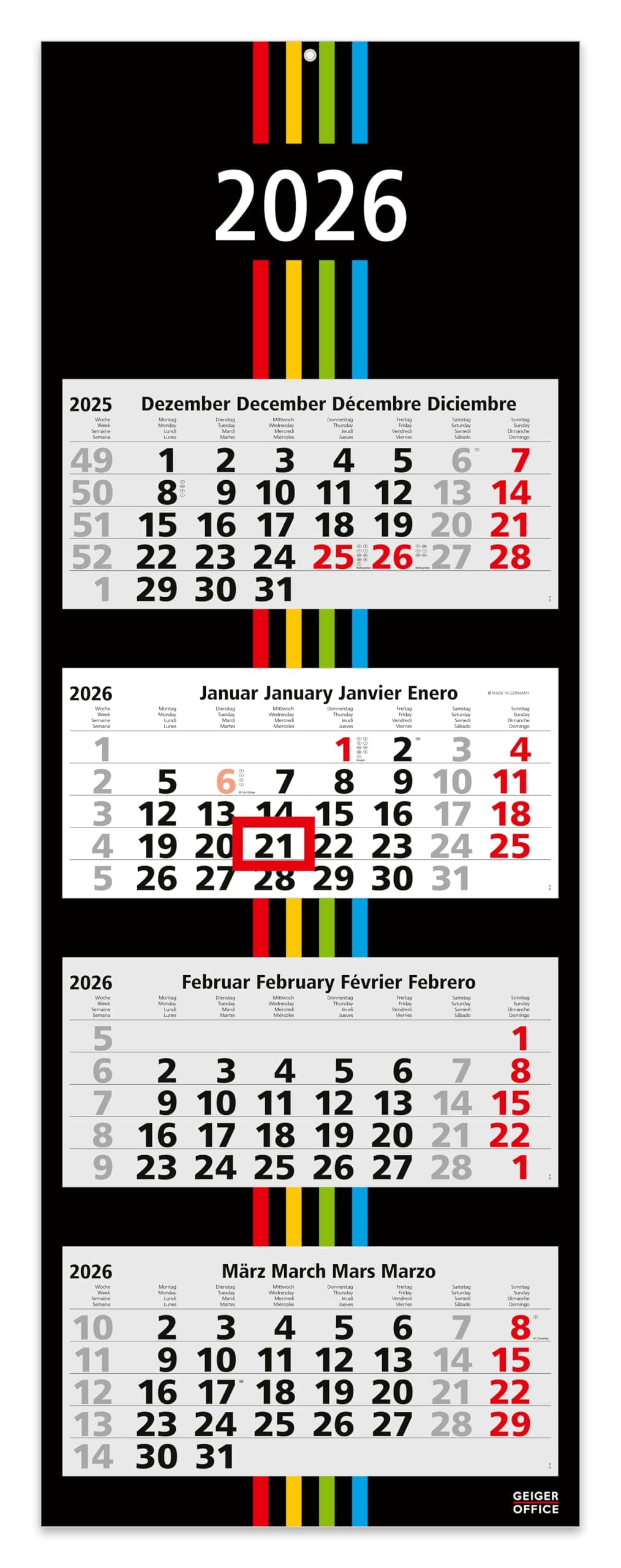 GEIGER-OFFICE 4-Monatskalender Wandkalender 2026 Black+Stripes 4-33 x 90 cm, Großformat mit 4 einzelnen, perforierten Kalenderblocks, Rückwand faltbar/Büro -Kalender - Made in Germany
