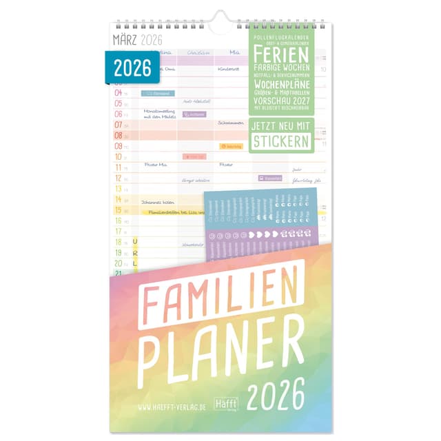 Häfft® Familienplaner 2026 mit 5 Spalten "Rainbow" 22,5 x 42,1 cm, Wandkalender 2026 mit Sticker, Familienkalender Wandplaner: Ferientermine & viele Zusatzinfos - nachhaltig & klimafreundlich