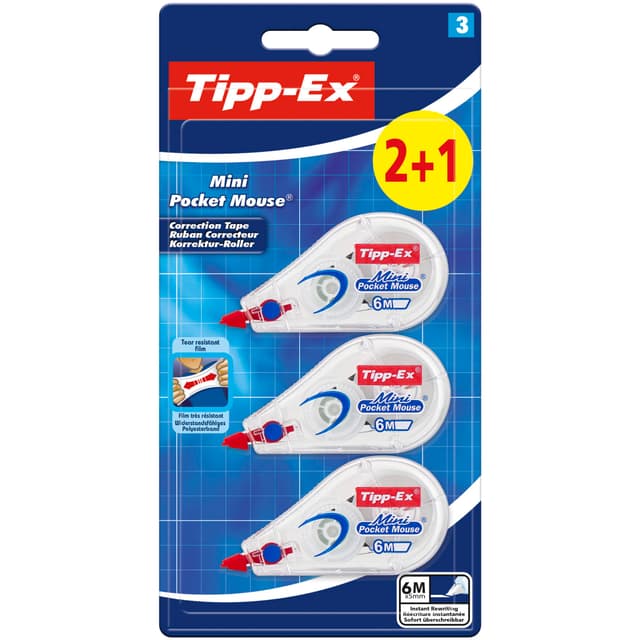 Tipp-Ex Korrekturroller Mini Pocket Mouse, 6m x 5mm, Ideal für das Büro, das Home Office oder die Schule, 2 +1 Stück (1er Pack)