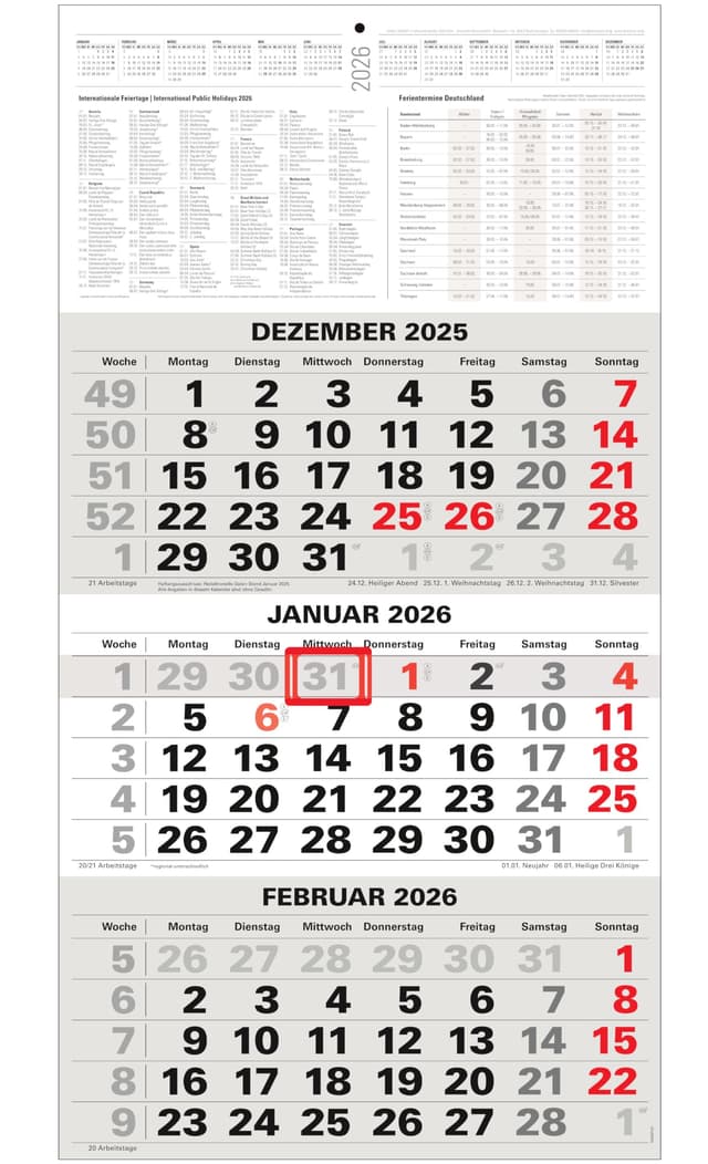 3-Monatskalender 2026 Bürokalender Wandplaner 450x235mm Dreimonatskalender klein