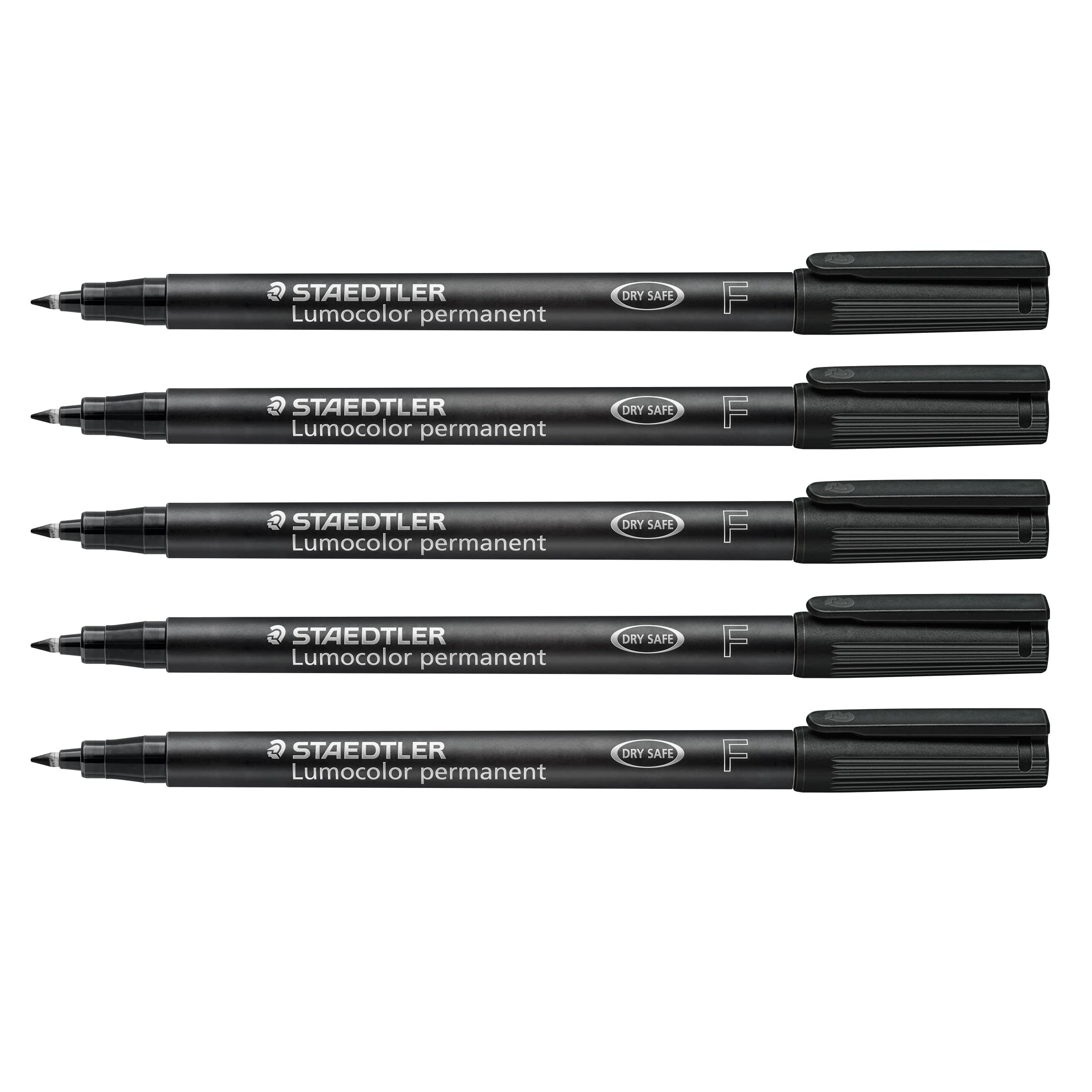 Staedtler Folienstift Lumocolor permanent, wisch- und wasserfest auf fast allen Flächen, Linienbreite F 0,6 mm, nachfüllbar, lange Lebensdauer, 5 schwarze Universalstifte, 318-9X Fein (ca. 0,6 mm) Schwarz 5 Stück