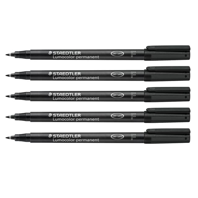 Staedtler Folienstift Lumocolor permanent, wisch- und wasserfest auf fast allen Flächen, Linienbreite F 0,6 mm, nachfüllbar, lange Lebensdauer, 5 schwarze Universalstifte, 318-9X Fein (ca. 0,6 mm) Schwarz 5 Stück
