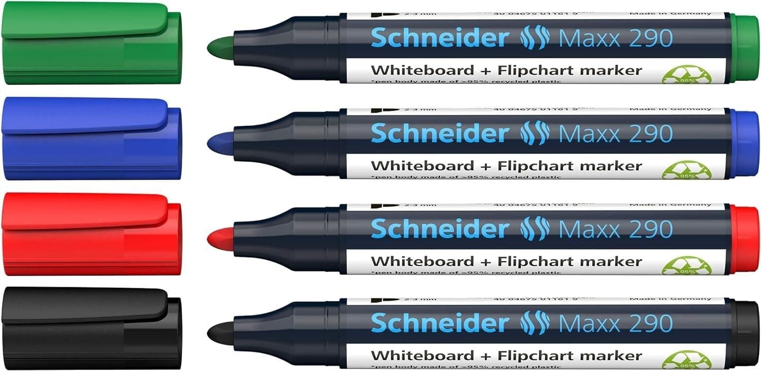 Schneider Maxx 290 Marker (für Whiteboards und Flipcharts, Rundspitze 2-3 mm Strichstärke, rückstandsfrei trocken abwischbar, hohe Qualität, kräftig und farbintensiv) Etui mit 4 Farben 1 stück (4er Pack)