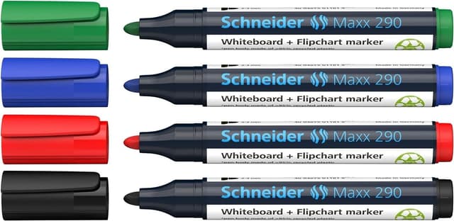 Schneider Maxx 290 Marker (für Whiteboards und Flipcharts, Rundspitze 2-3 mm Strichstärke, rückstandsfrei trocken abwischbar, hohe Qualität, kräftig und farbintensiv) Etui mit 4 Farben 1 stück (4er Pack)