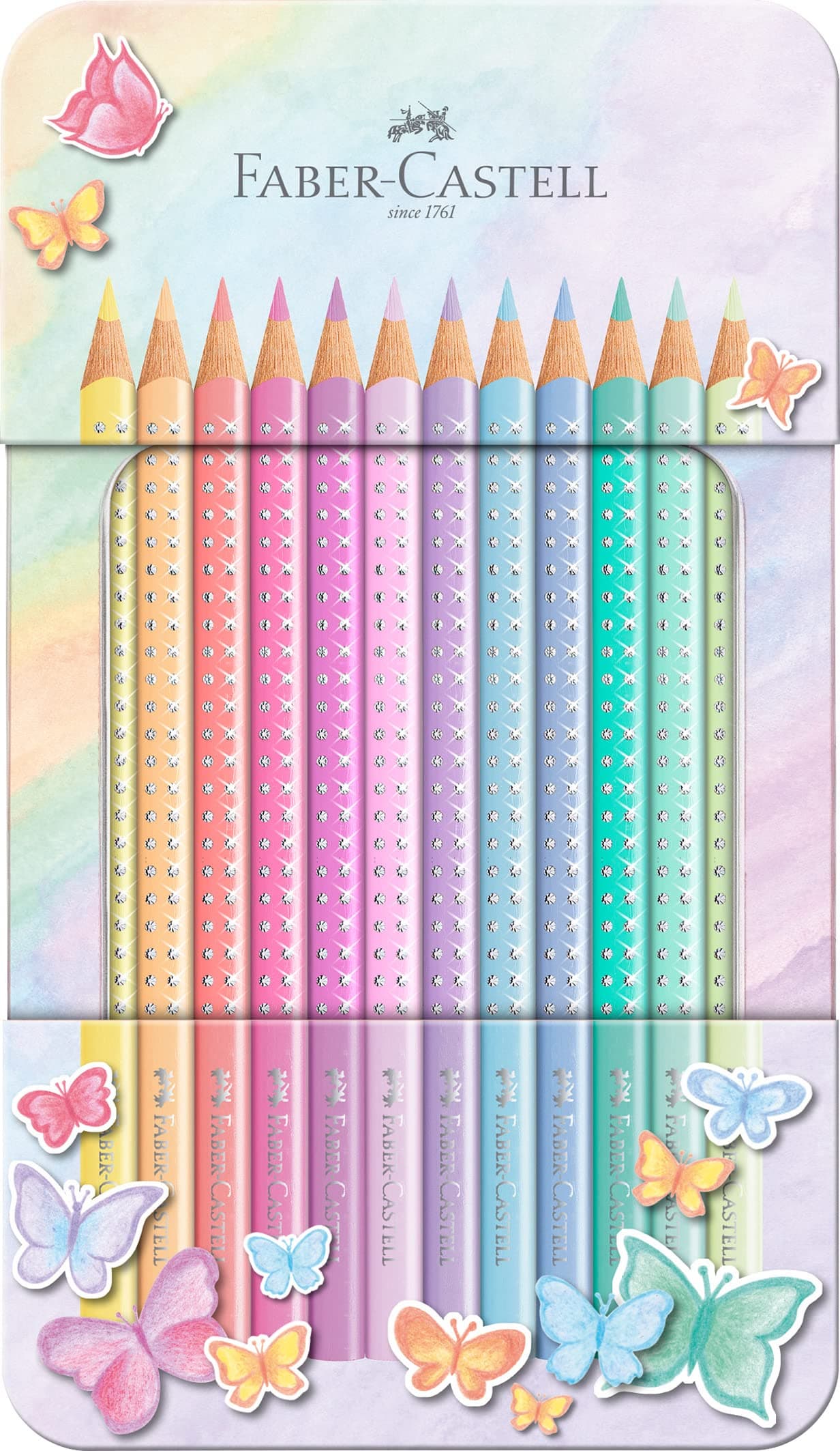 Faber-Castell 201910 - Buntstifte Set Sparkle Pastell 12-teilig, im Metalletui, dreikant, bruchsicher Buntstifte Set Sparkle Pastell Sparkle